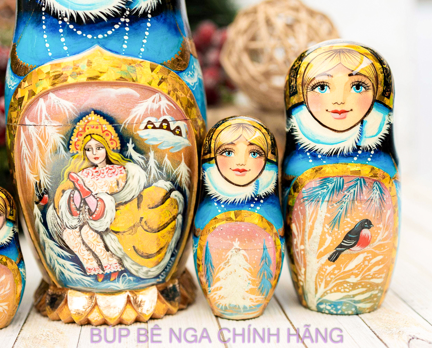 BỘ BÚP BÊ NGA MATRYOSHKA CAO CẤP 5 LỚP 20CM ĐIÊU KHẮC CHẠM NỔI HOA VĂN "CÔNG CHÚA MÙA ĐÔNG" CỰC ĐẸP VÀ SANG TRỌNG