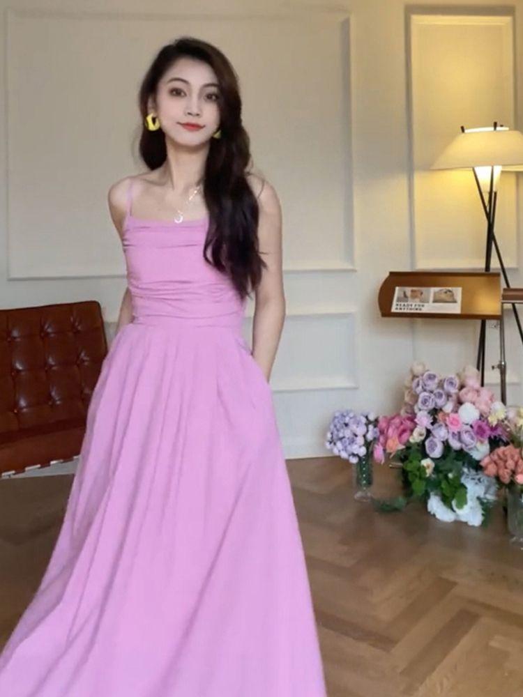 TOBE1SHOP Tea Break French Sling Dress 2023 Mùa hè bờ biển nghỉ mát thắt lưng có vẻ gầy màu vàng một chữ đầm dài