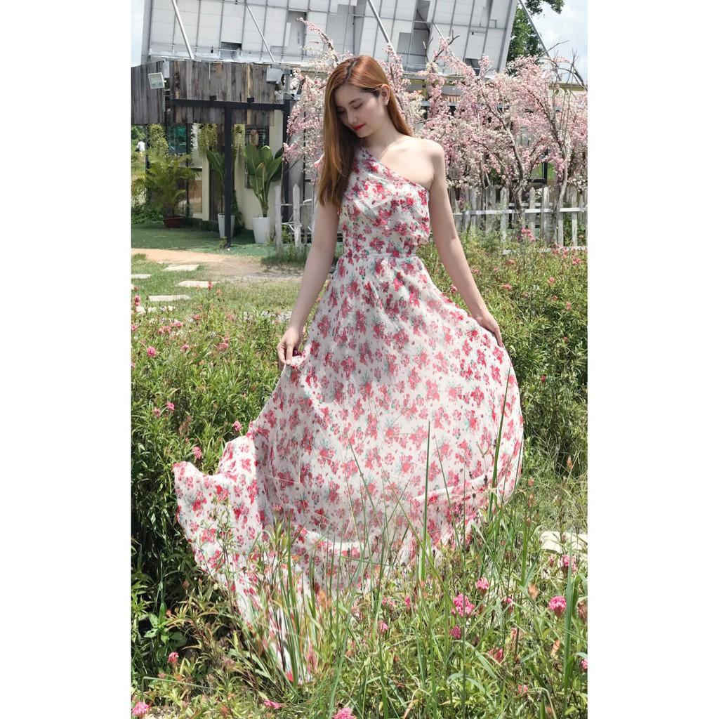Đầm maxi hoa lệch vai bèo dễ thương, sang trọng