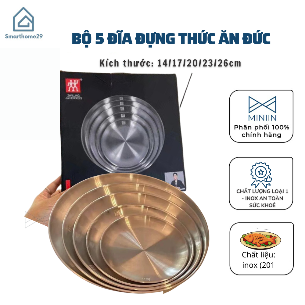 Set 5 Đĩa khay Inox Tròn Nhập Khẩu Đức Đựng Trái Cây, Món Tráng Miệng - 5 SIZE KHÁC NHAU - HÀNG CHÍNH HÃNG MINIIN