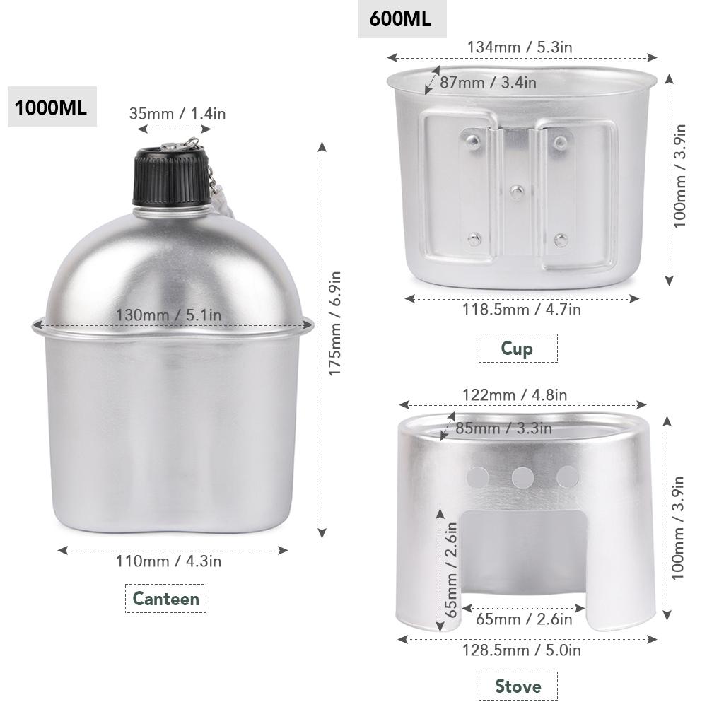 Bộ Dụng Cụ Nấu Ăn Nhôm kiểu dáng Quân đội gồm cà mèn 1000ml, cốc 600ml, bếp củi,