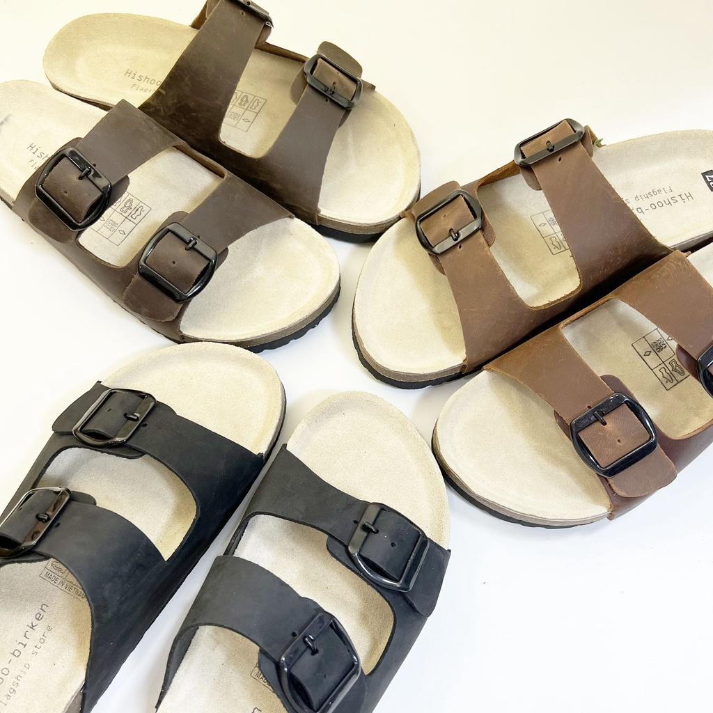 Dép đế trấu birken chất liệu da bò sáp nam nữ unisex quai ngang 2 khóa size 35 - 43 chính hãng Hishoo S104