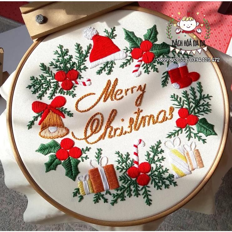 (SIÊU ĐẸP) DIY NGUYÊN LIỆU THÊU TAY THỦ CÔNG KÈM KHUNG HOOP merry christmas - KIT THÊU TRANG TRÍ NOEL- BÁCH HÓA NA NA