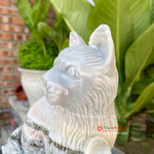 Tượng mèo đá 12 con giáp phong thủy đá hồng vân dây 19cm - đá Non Nước