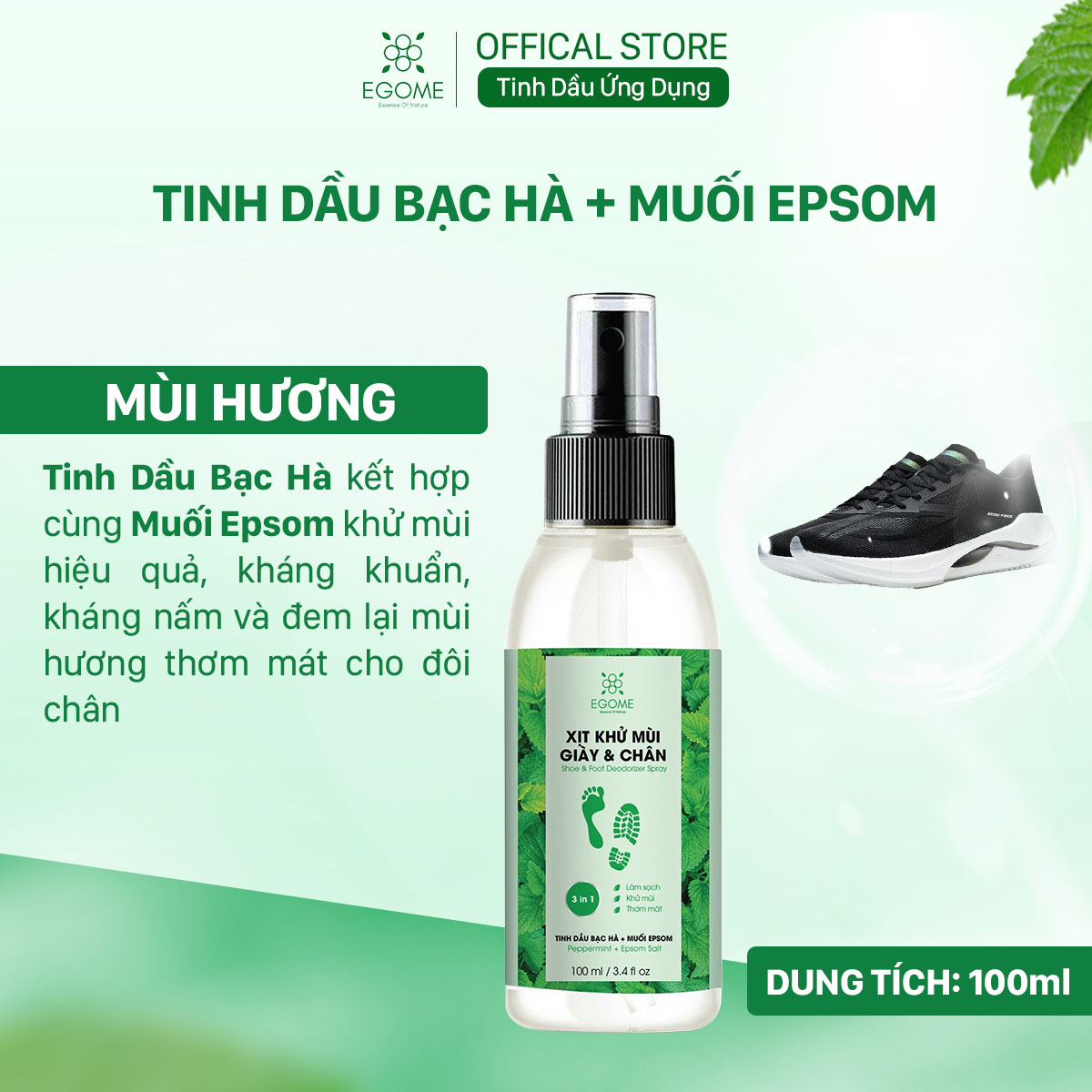 Xịt Khử Mùi Giày Và Chân Egome Tinh Dầu Bạc Hà làm sạch và thơm mát 100ml