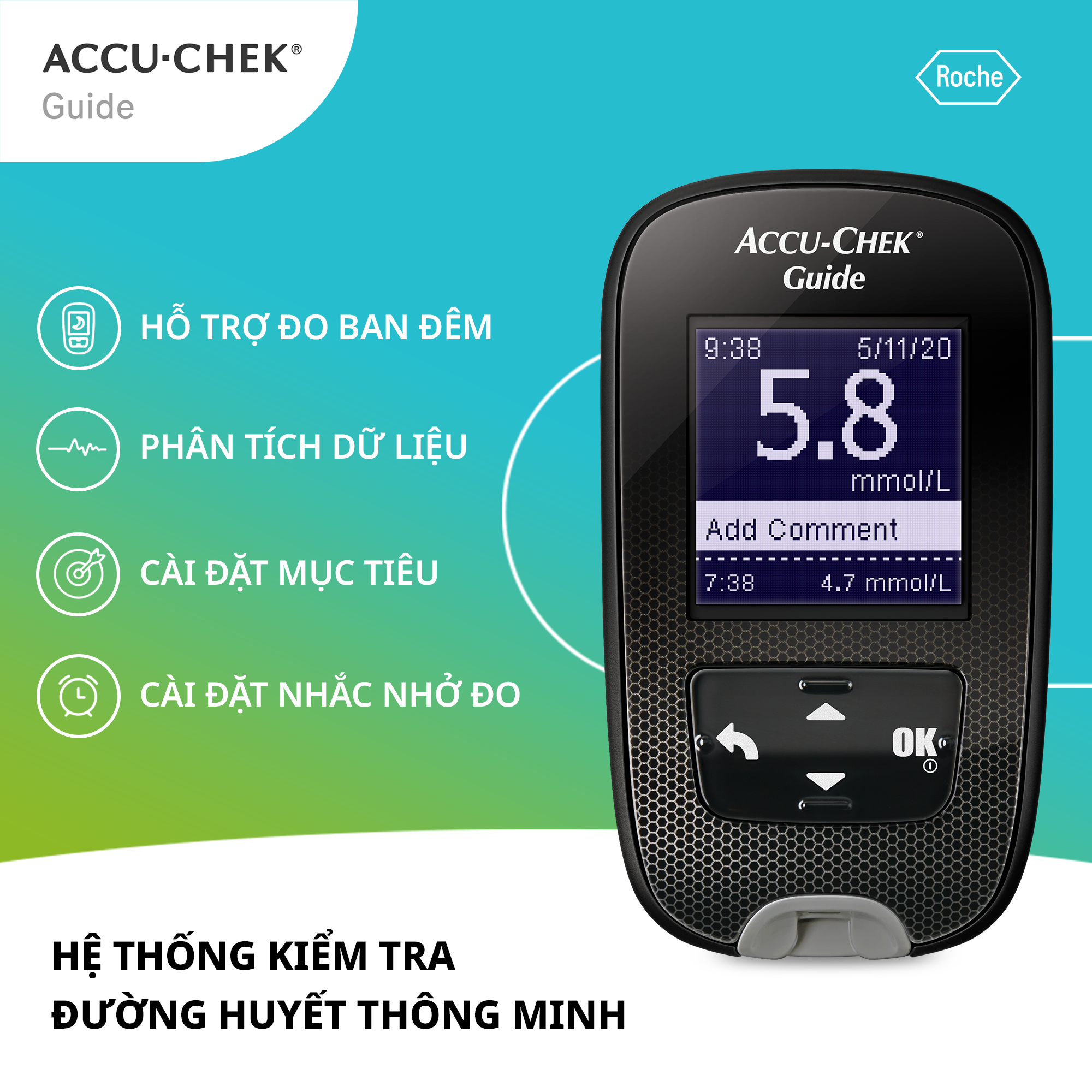 Máy Đo Đường Huyết ACCU-CHEK Guide Màn Hình LCD Rộng, Có Trợ Sáng Tại Cổng Đo - Chưa Có Que Thử