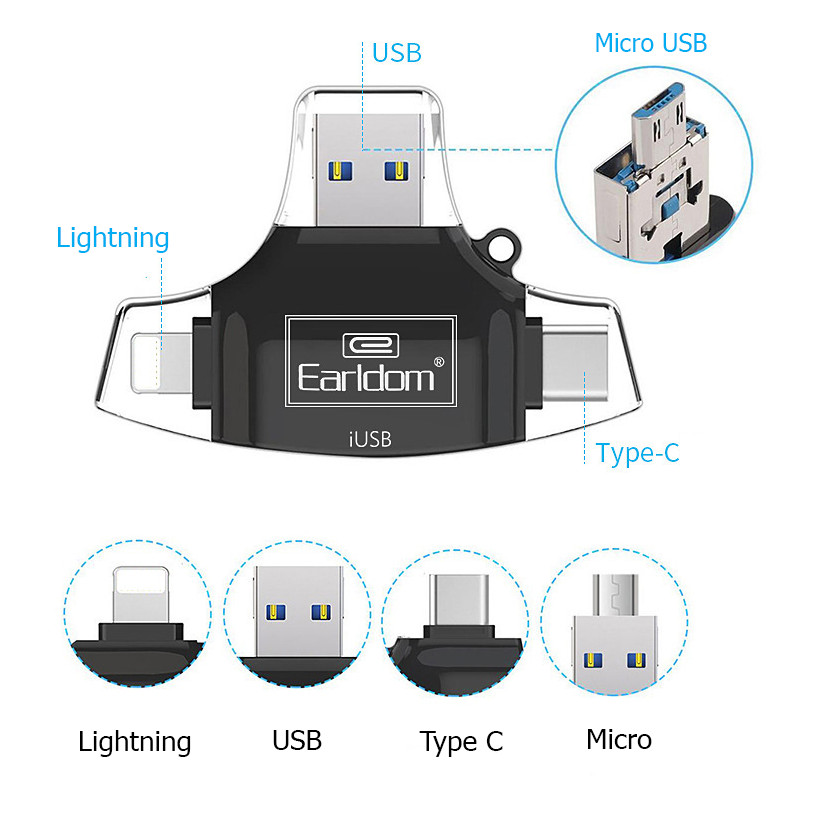 Đầu đọc thẻ nhớ OTG 4in1 cho iOS/Android/PC- Macbook Type C Earldom ET-OT31 - Hỗ trợ iOS 13 mới nhất (Màu ngẫu nhiên) - Hàng Chính Hãng