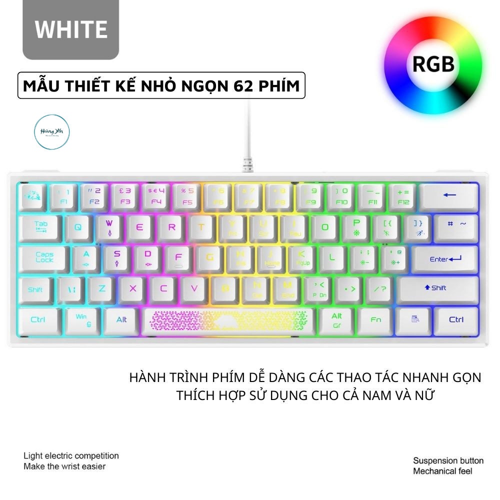 Bàn Phím Mini K61 LED RGB 10 Chế Độ Rainbow Cực Đẹp, Phím Bấm Êm, Thiết Kế Nhỏ Gọn, Dùng Cho Máy Tính, Laptop,PC