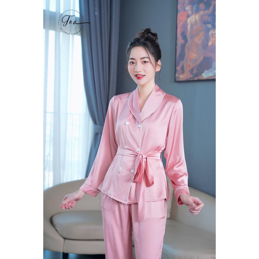 Bộ mặc nhà Pyjama lụa cao cấp Tea Store cổ sam tay dài màu Hồng siêu sang