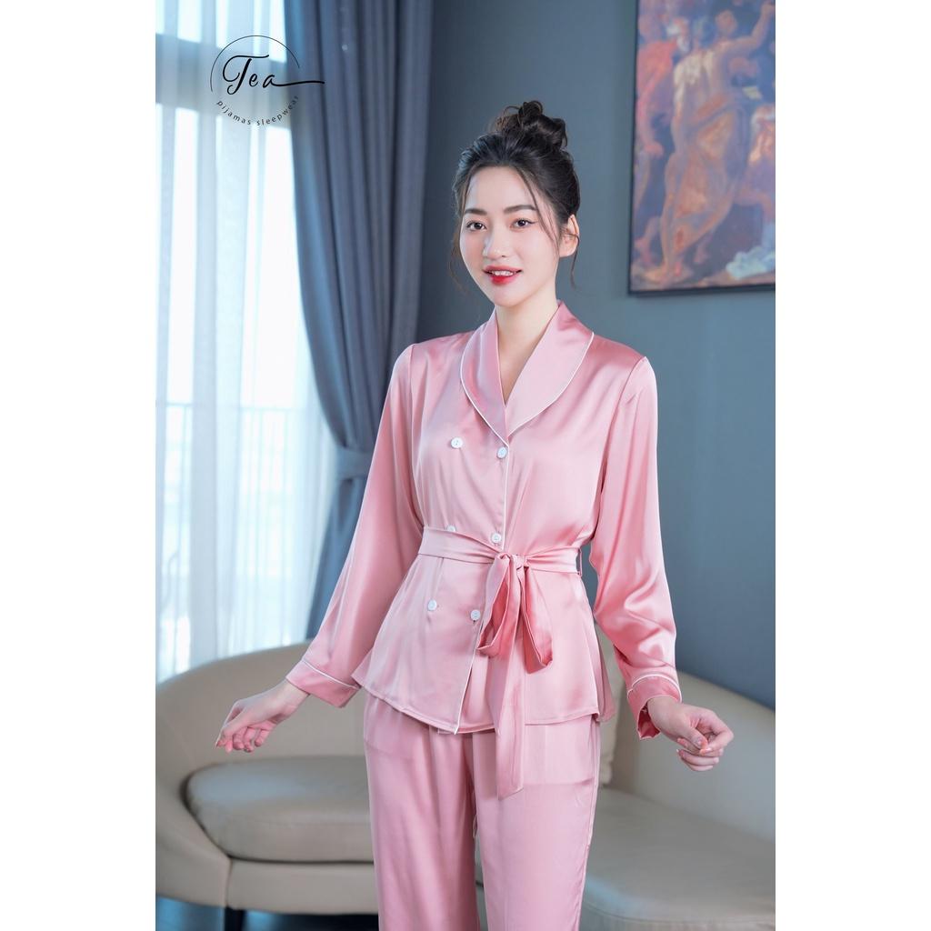 Bộ mặc nhà Pyjama lụa cao cấp Tea Store cổ sam tay dài màu Hồng siêu sang