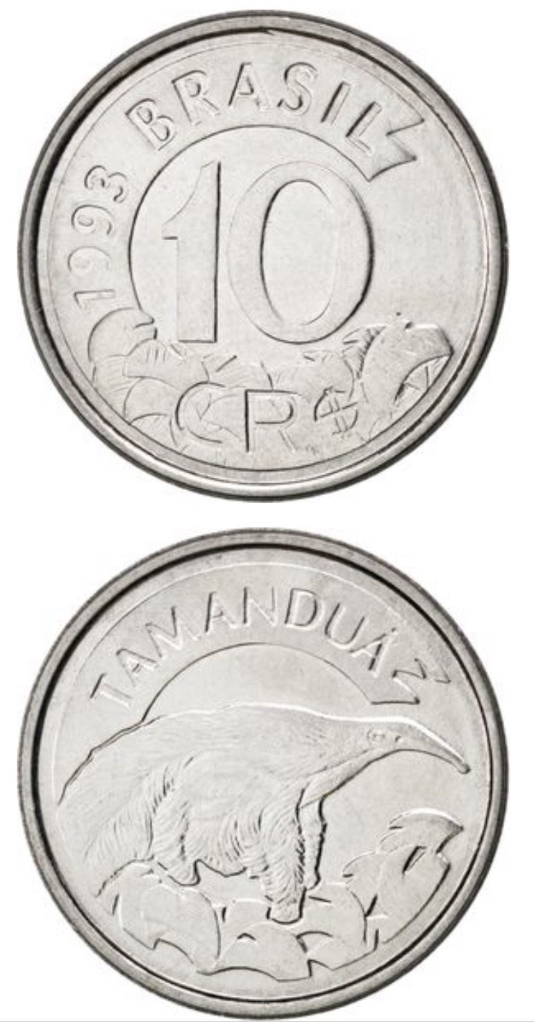 Đồng xu Brazil 10 centavos Chồn hôi Tamandua đặc trưng, [MỚI CỨNG, ĐẸP] sưu tầm 22mm