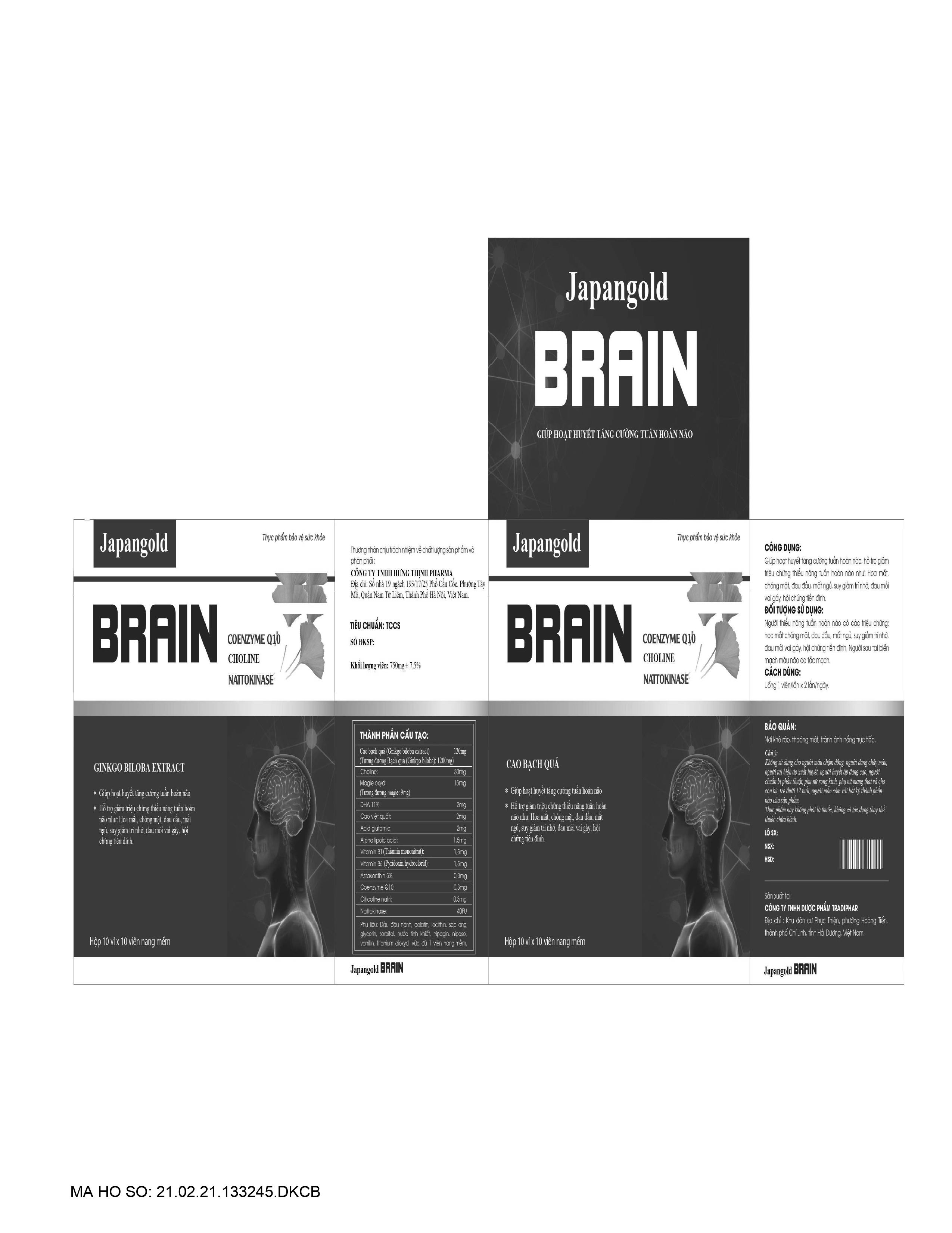 Viên bổ não Japagold BRAIN - Tăng cường tuần hoàn não, giảm đau đầu, hoa mắt, chóng mặt, mất ngủ, suy giảm trí nhớ, phòng ngừa đột quỵ - Hộp 100 viên, Hàng chính hãng