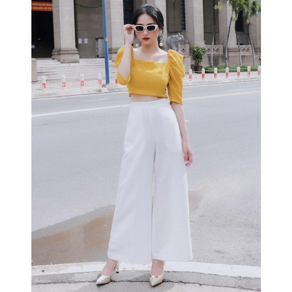 KIOBI – Quần dài Long Pants form suông cơ bản,lưng cao,ống loe,có túi, nhún thun sau eo, vải cotton bố trắng - KIQ19111T