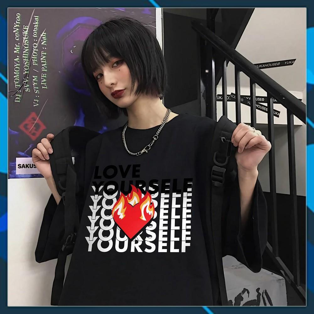 Áo Thun Unisex Tay Lỡ Form Rộng Freesize màu đen in hình LOVE YOUR SELF