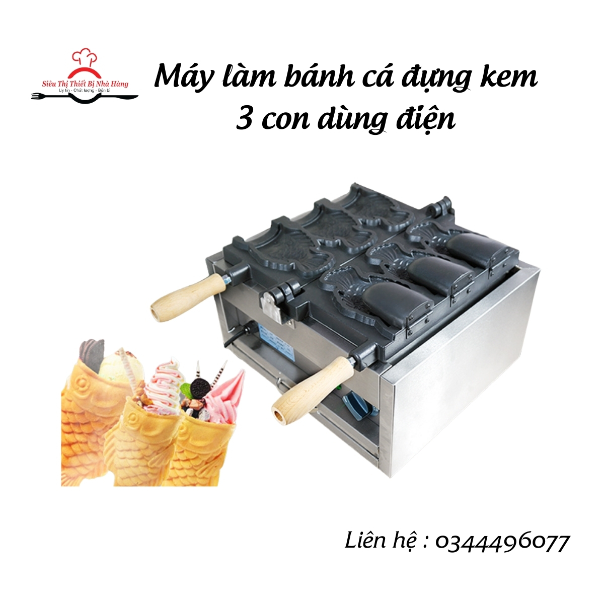 Máy làm bánh cá đựng kem 3 con, bánh hình con cá TAIYAKI đựng kem có mặt máy chống dính, chất lượng