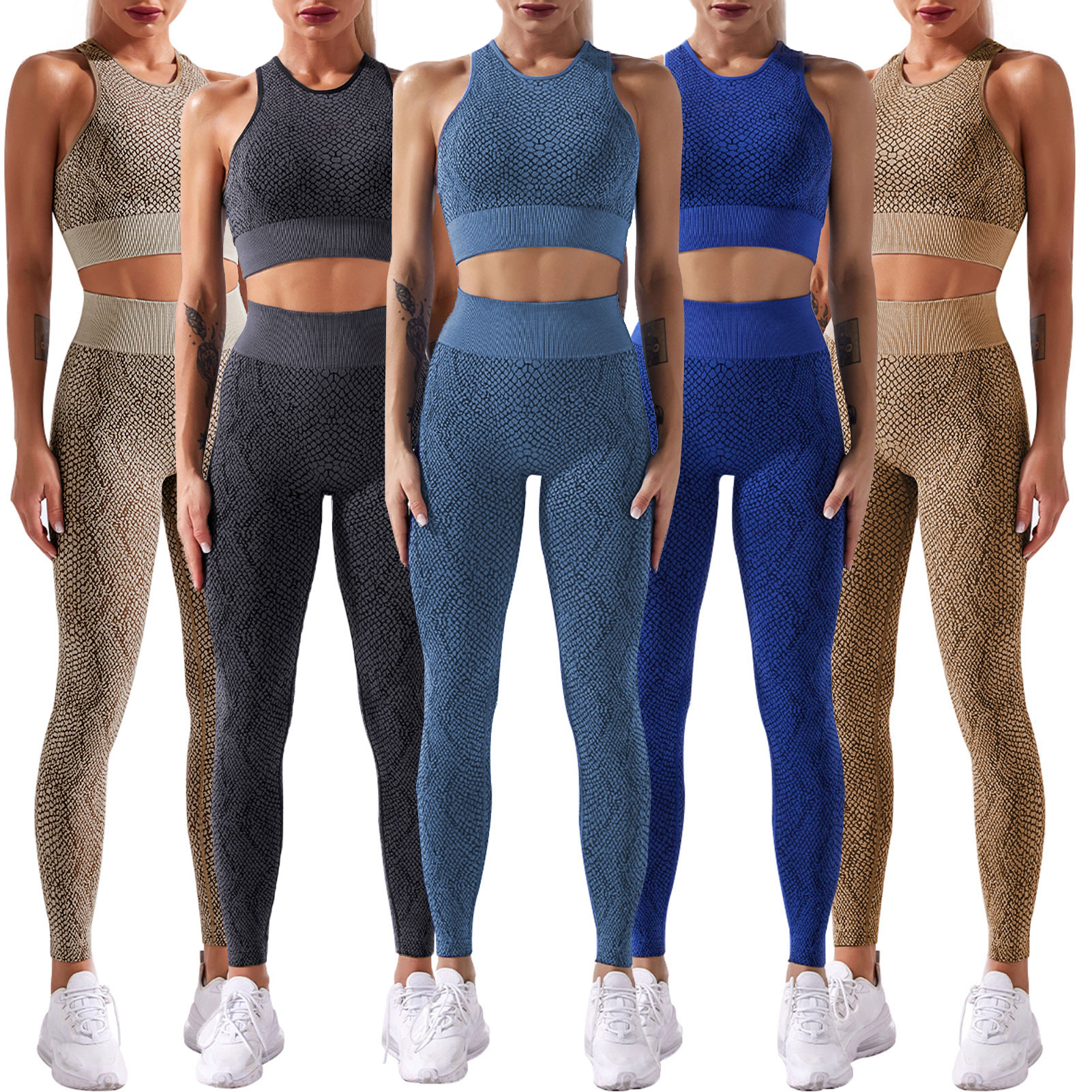 Bộ áo ngực và quần cạp lưng, được làm từ nylon và spandex, co giãn cho các môn thể thao, yoga