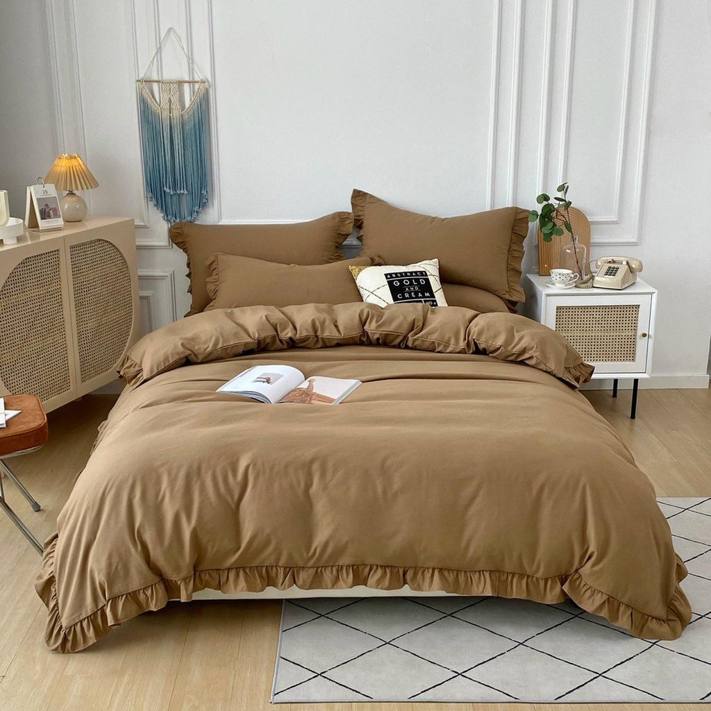 Bộ chăn ga gối riềm bèo cotton tici vải mềm mịn