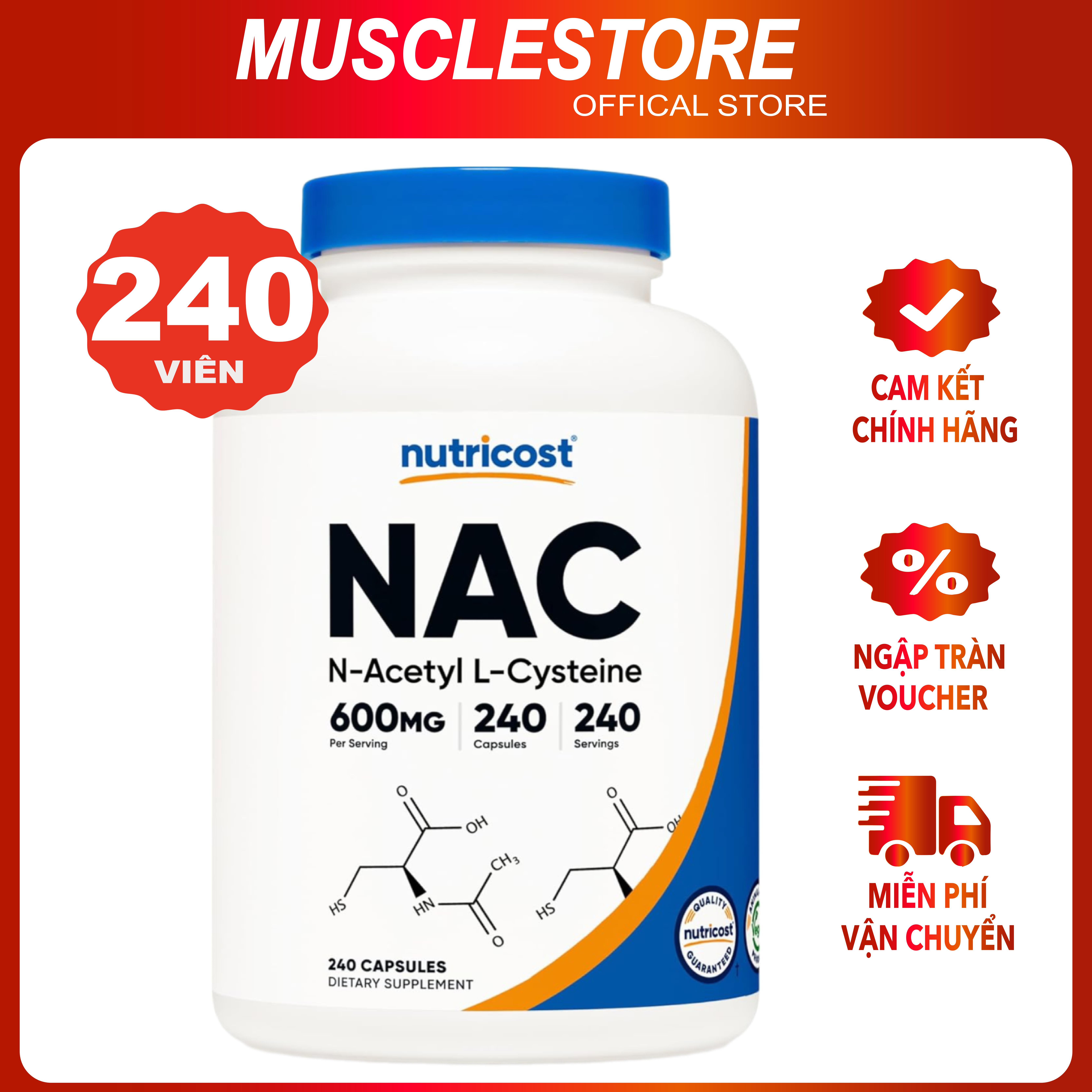 Viên Uống Nutricost NAC 600mg (180 viên), Bảo Vệ Gan, Giải Độc Gan, Giúp Mát Gan
