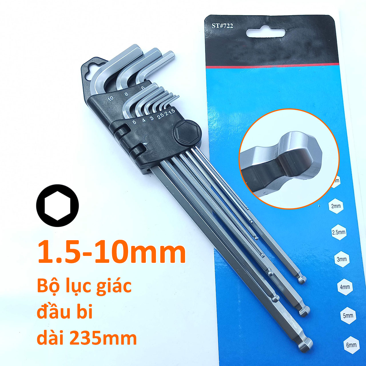 Bộ lục giác 9 cây đầu bi 1.5-10mm xi trắng dài 235mm