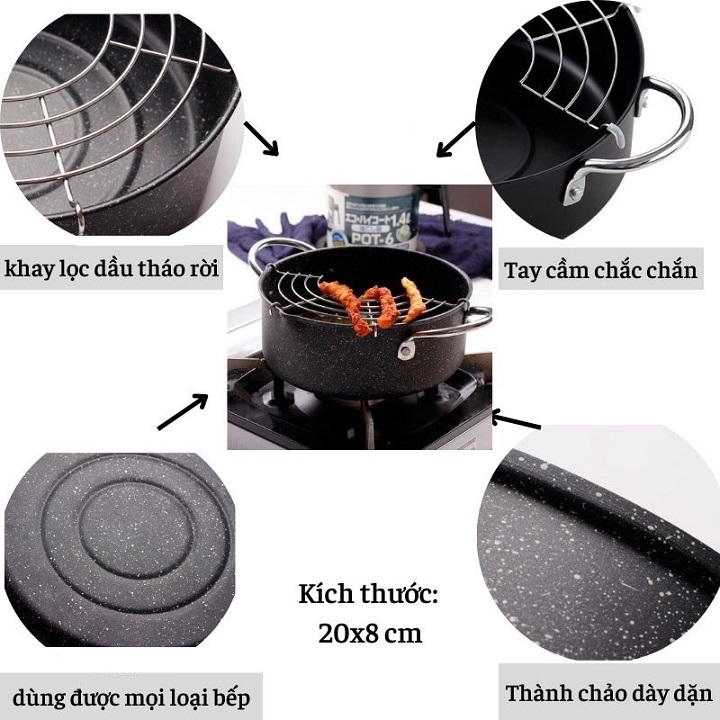 Nồi chiên dán sâu lòng chống dính đa năng dùng được cho mọi loại bếp tặng kèm vỉ gác dầu xuất nhật cao cấp