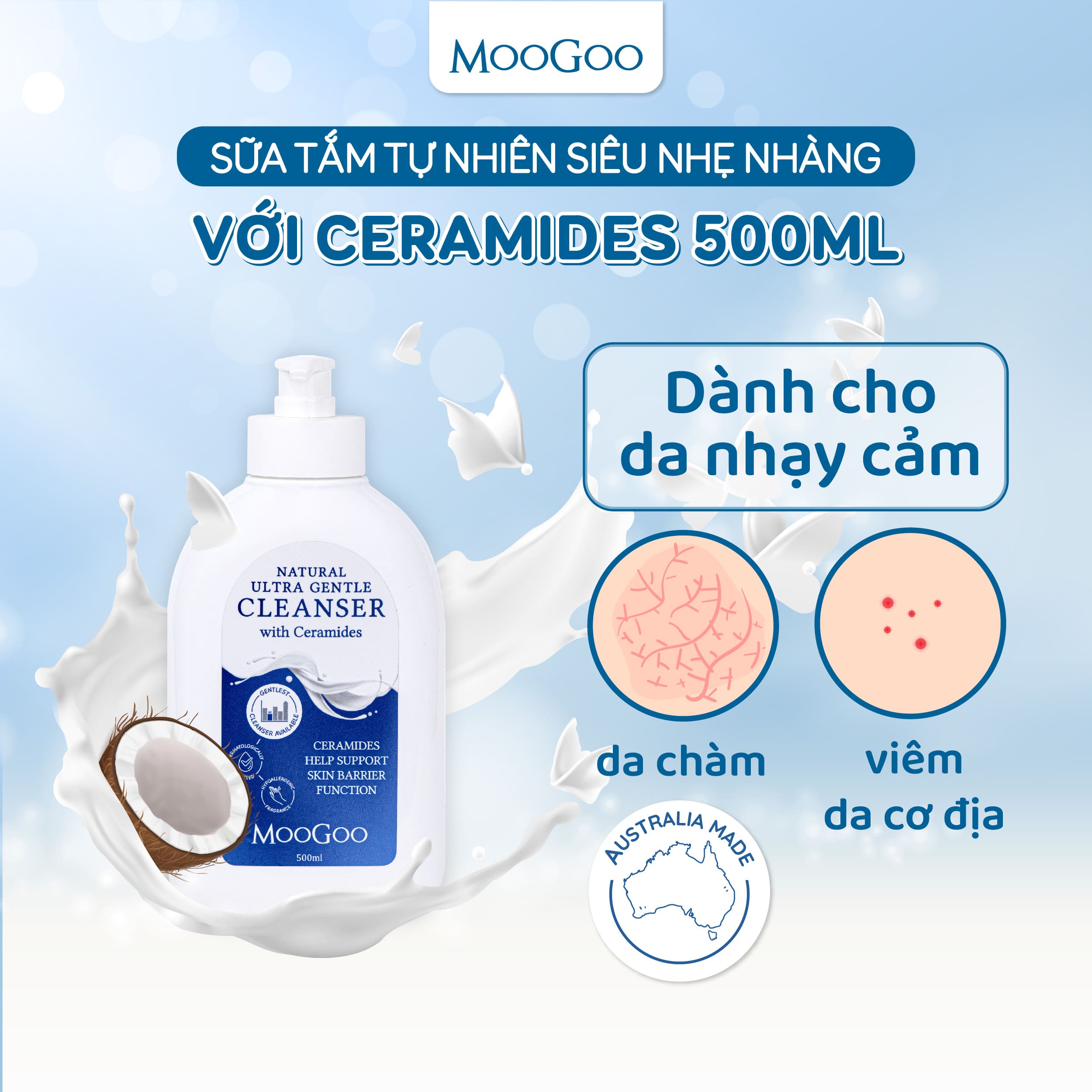 Sữa tắm dịu nhẹ dưỡng ẩm và bảo vệ da cho bé với Ceramides phù da nhạy cảm, viêm da cơ địa, chàm sữa Moogoo Úc