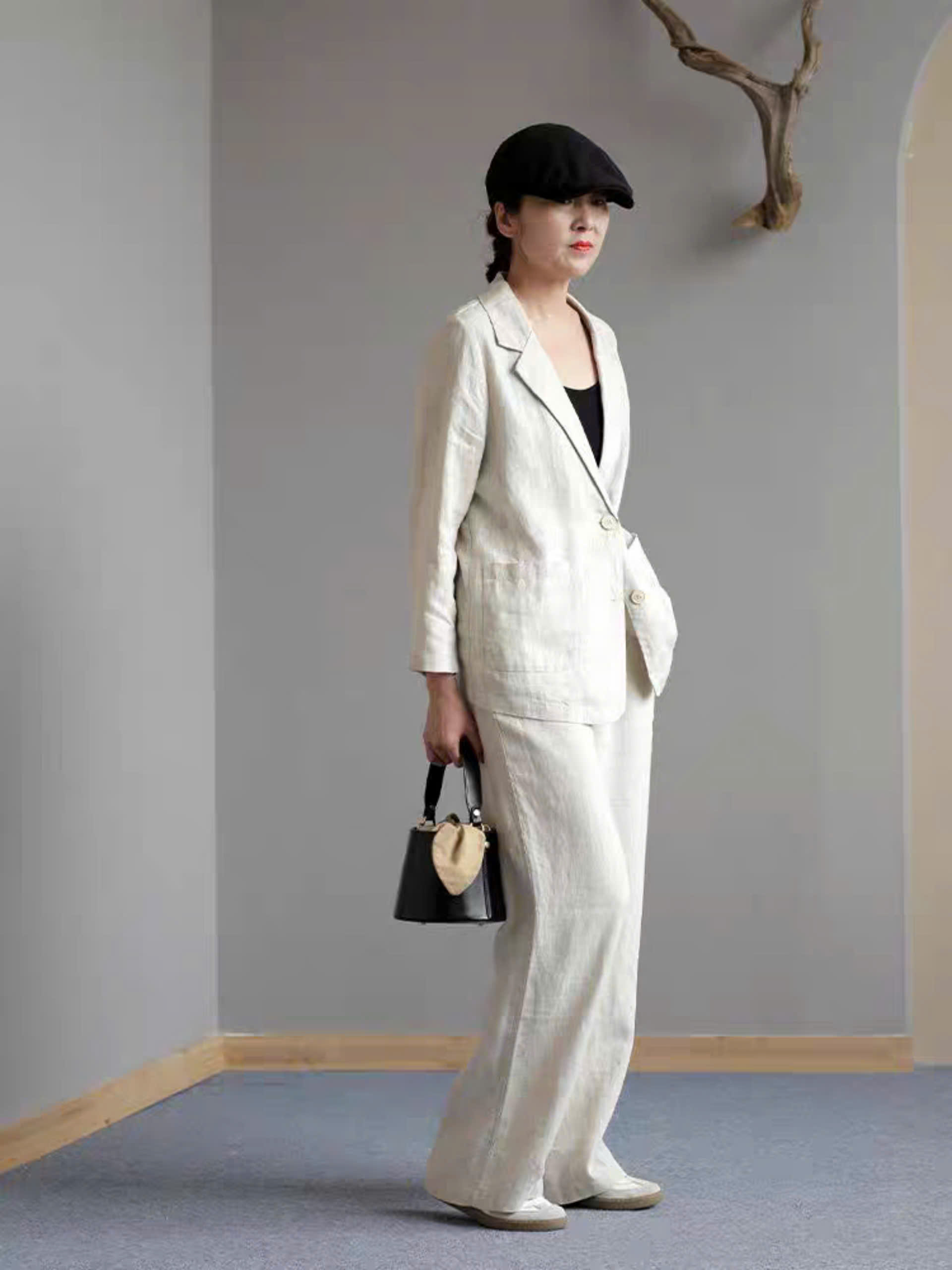 Set bộ áo khoác blazer tay dài và quần ống rộng cạp chun cực phong cách, tối giản, vintage