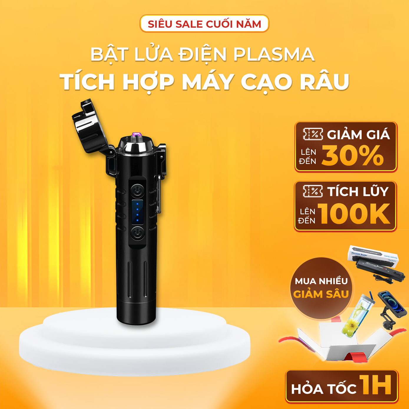 Máy Cạo Râu Cầm Tay Không Dây Lưỡi Xoay 360 Độ Xoay 4500 Vòng/Phút Đa Năng, Tích Hợp Bật Lửa Điện Plasma An Toàn Sang Trọng