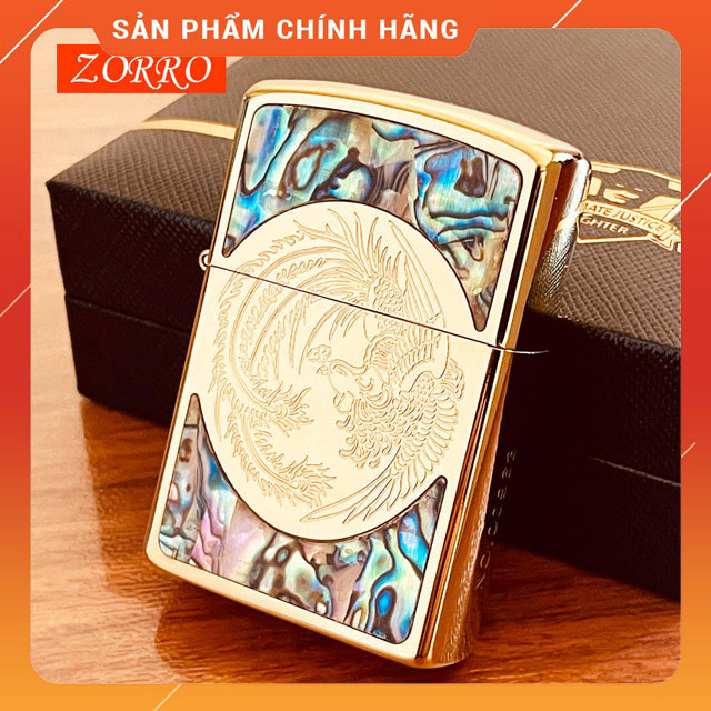 Vỏ Hột Quẹt Bật Lửa Xăng Đá Zorro Z92057B Khảm Trai Họa Tiết Phượng Hoàng Sải Cánh Tượng Trưng Cho Sự Uy Quyền Trường Tồn Vĩnh Cửu