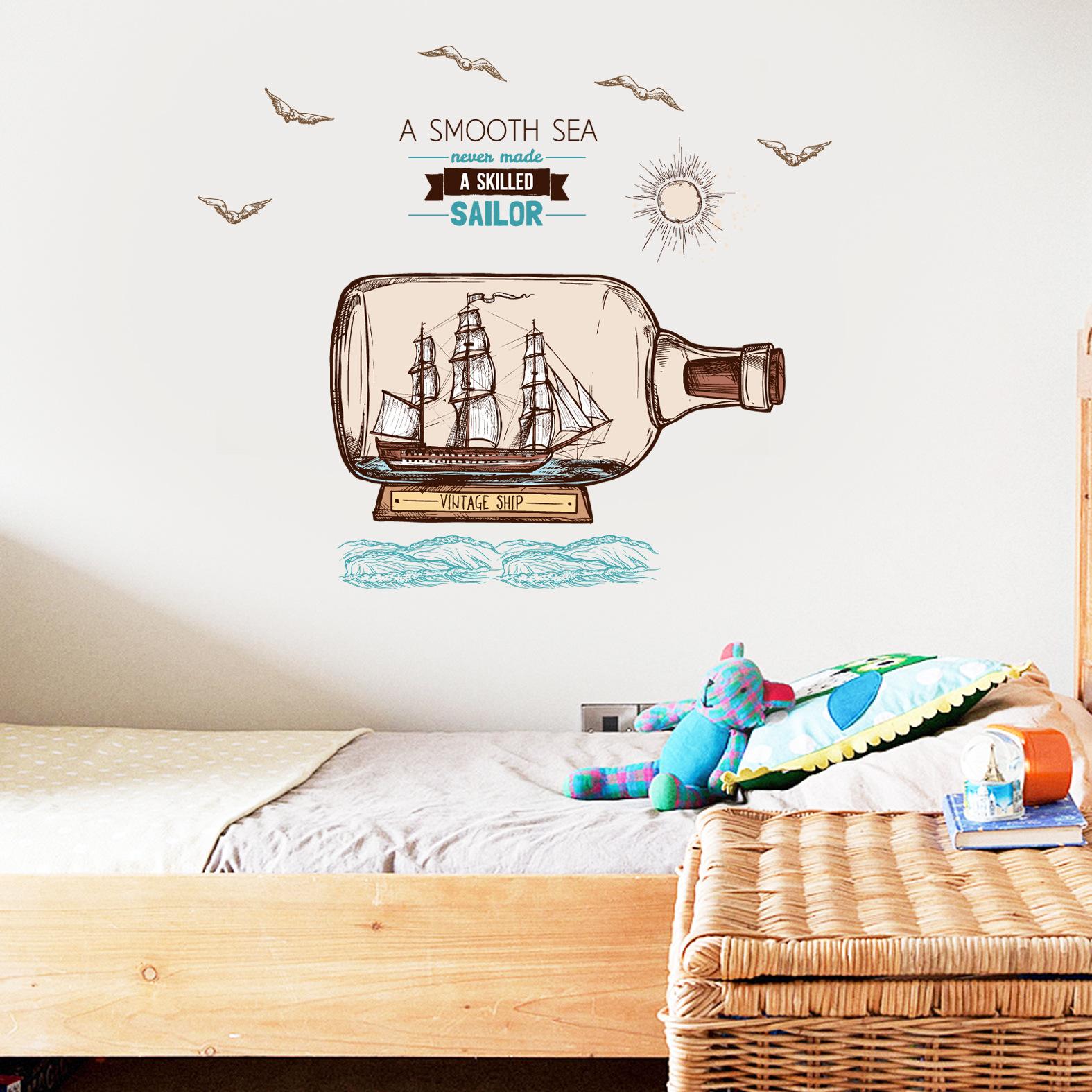 Decal Vintage Ship và thông điệp (A Smooth Sea never made a skilled Sailor) AmyShop DKN100 - 90 x 90 cm