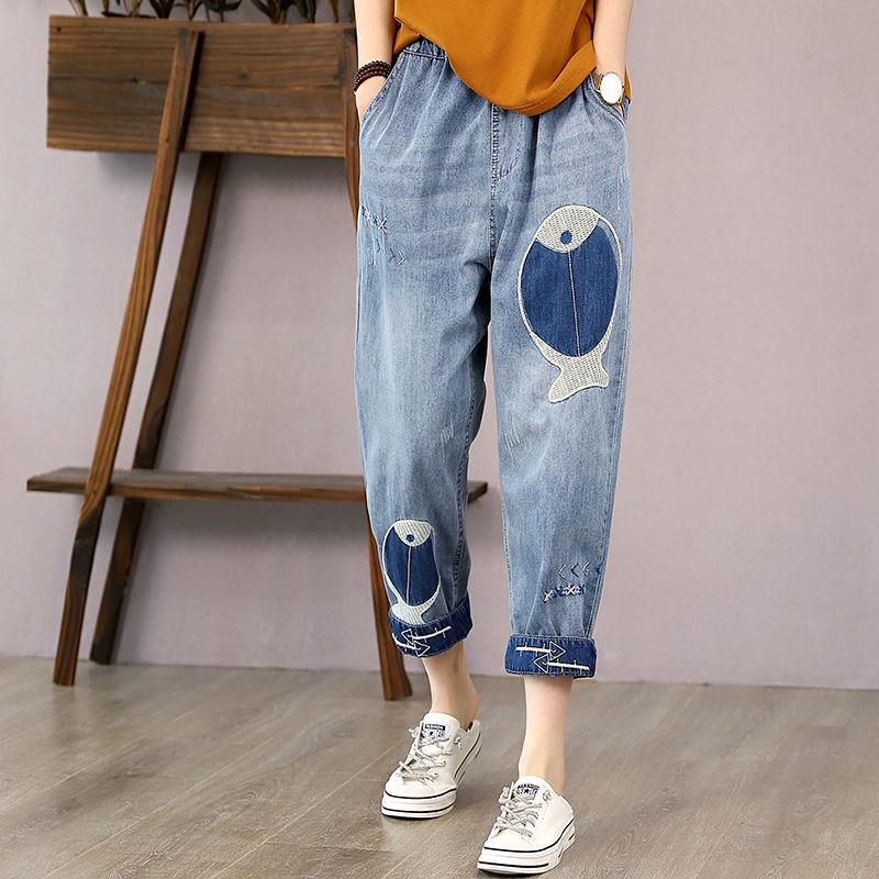Quần Jeans Lửng Lưng Cao Dáng Rộng Thêu Họa Tiết Phong Cách Retro Cho Nữ