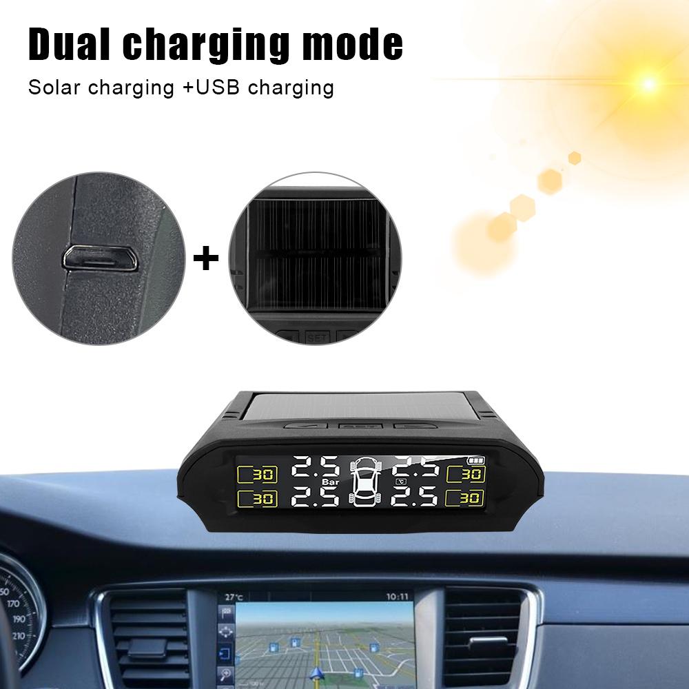 Màn hình LCD kỹ thuật số USB cảnh báo an ninh tự động TPMS với 4 cảm biến/thời gian/áp suất lốp/năng lượng mặt trời