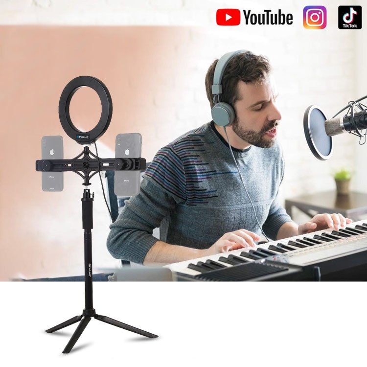 Bộ đèn LED trợ sáng tích hợp tripod mở rộng cho 2 điện thoại Puluz PKT3038