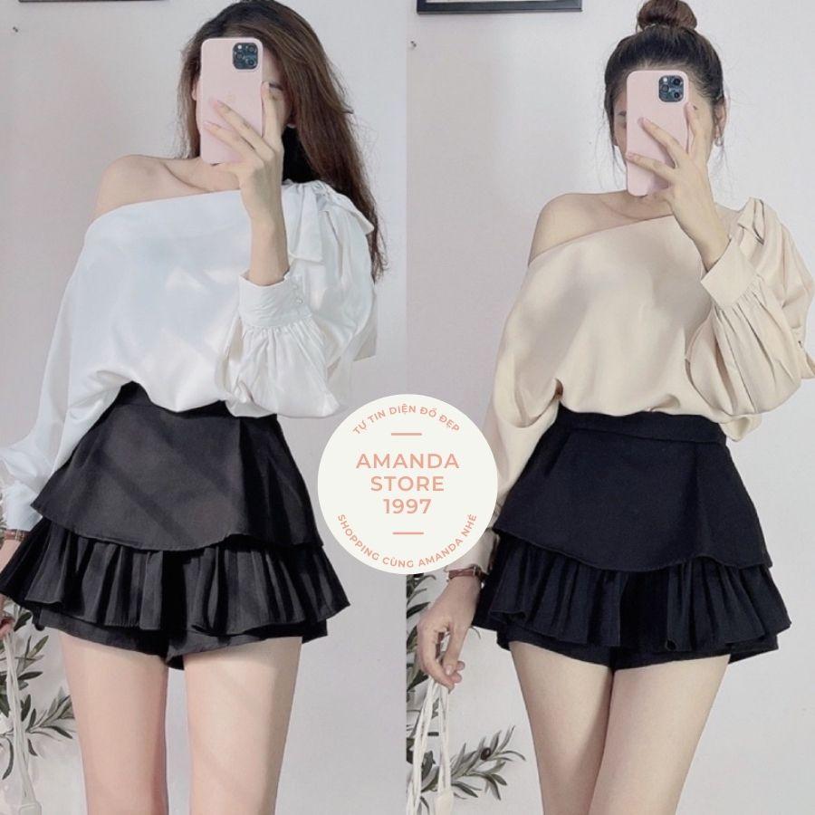 Áo sơ mi nữ dài tay trễ vai cúc ngọc kèm nơ sang chảnh chất lụa mặc siêu mát. Sơ mi dài tay bồng rớt vai điệu đà