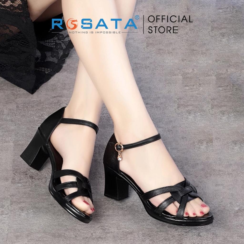 Giày sandal cao gót nữ ROSATA RO450  xỏ ngón phối dây mũi tròn quai cài mảnh gót vuông cao 7cm xuất xứ Việt Nam