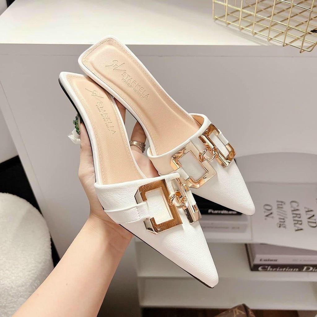 Sục Mũi Nhọn Nữ, Guốc Cao Gót Dây Chéo gót Nhọn da mềm, Đế Vững Cực Sang mã