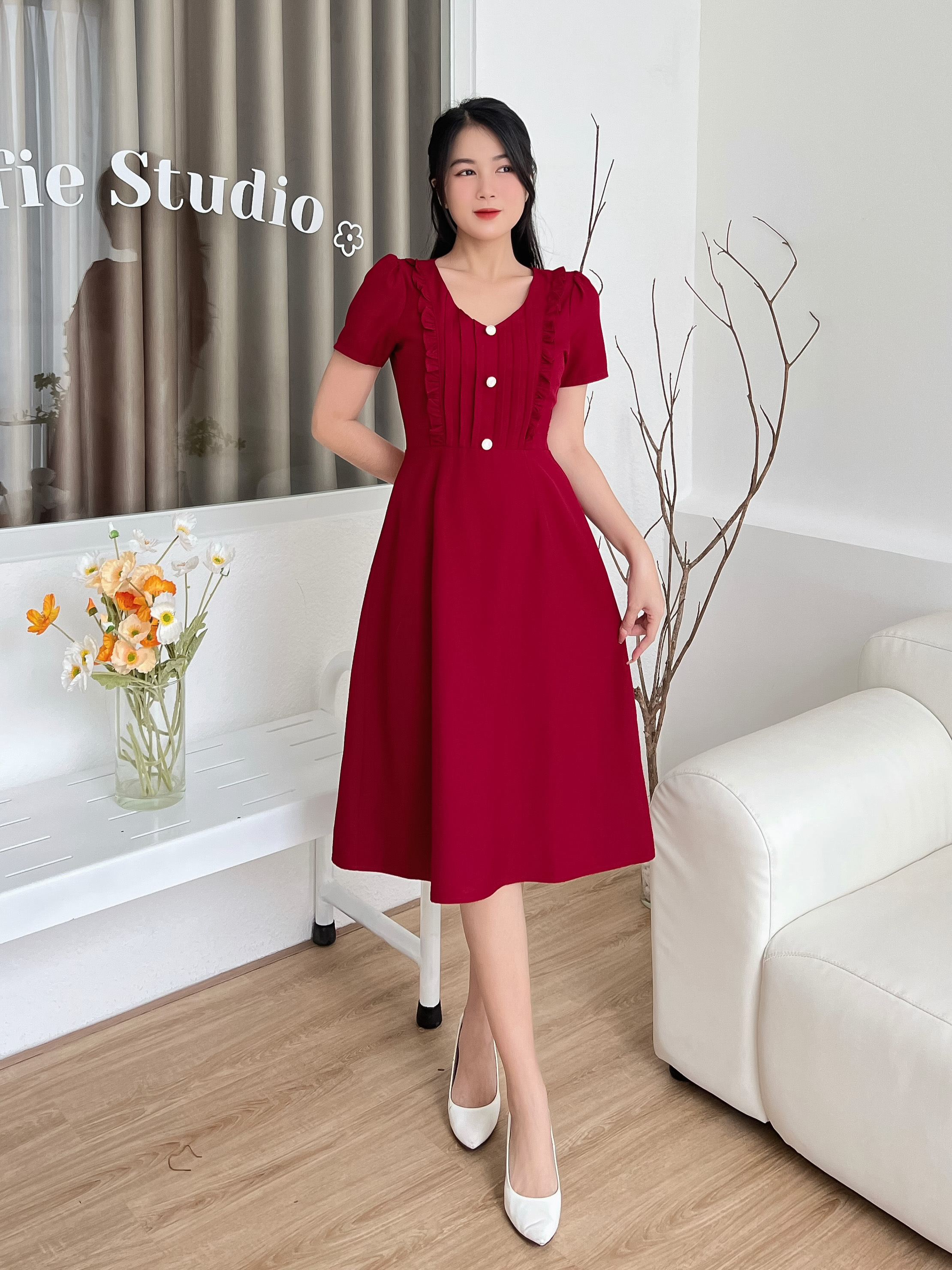 Đầm cổ V xếp ly sang trọng D100 - Lady Fashion