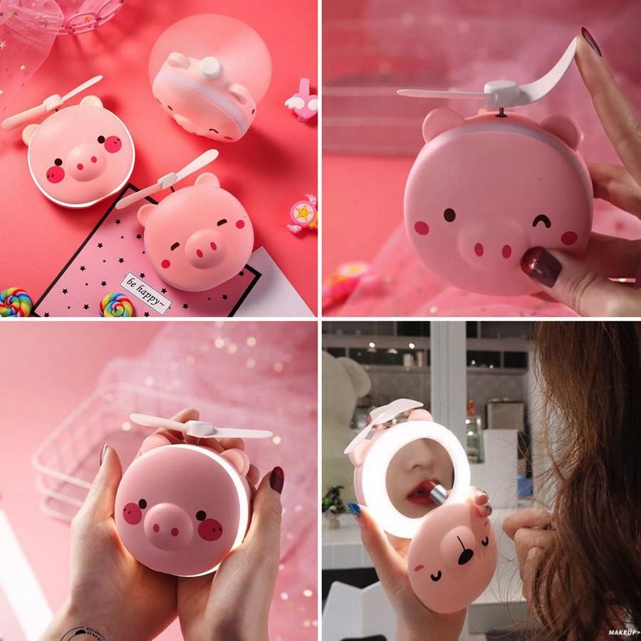 Quạt mini cầm tay - Quạt Hình Heo có gương và đèn led selfie, hình heo màu hồng siêu dễ thương