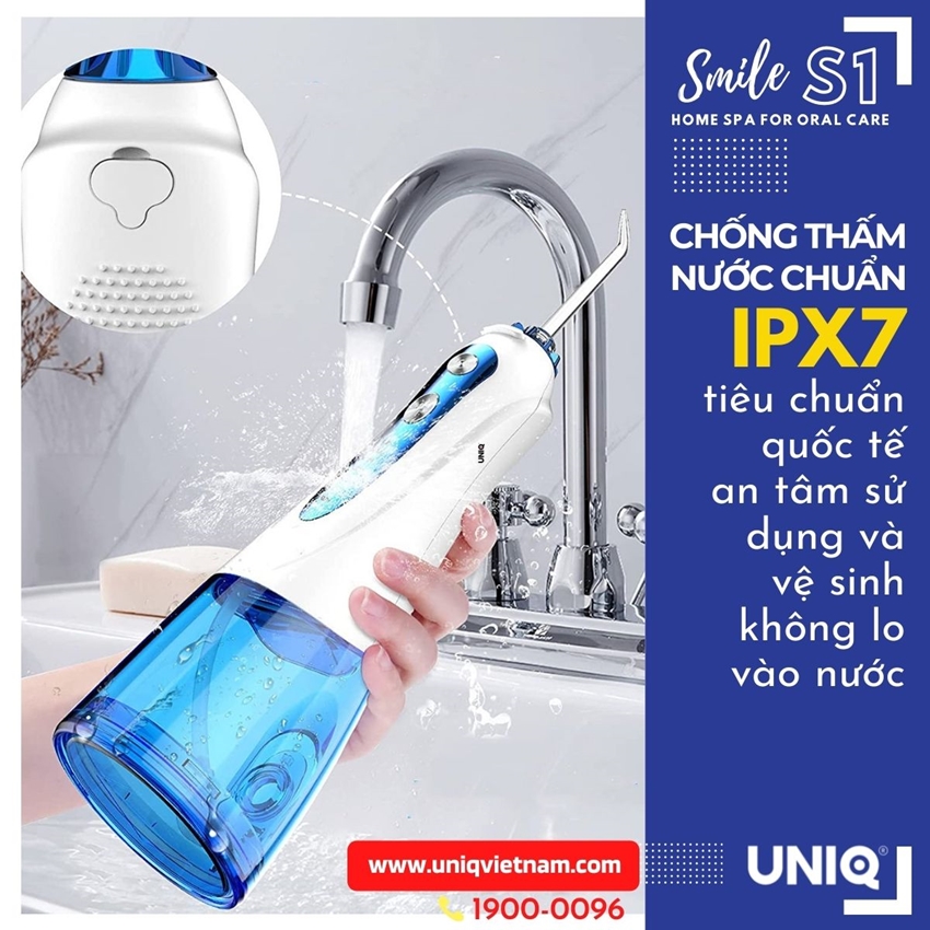 Tăm Nước Cầm Tay UNIQ Smile S1 Nhật Bản Cao Cấp Màu Trắng Xanh Máy Vệ Sinh Răng Miệng Mini Tốt May Tam Nuoc Waterpik Gia Đình Không Dây Xịt Xỉa Rửa Làm Sạch Kẽ Răng Niềng