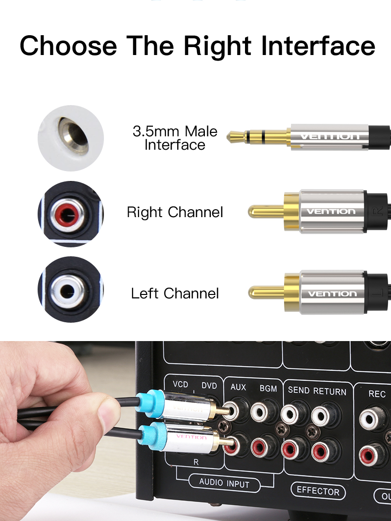 Cáp Audio 3.5mm Male to 2RCA Male VENTION DÀI 1.5m đến 5m Hàng Chính Hãng