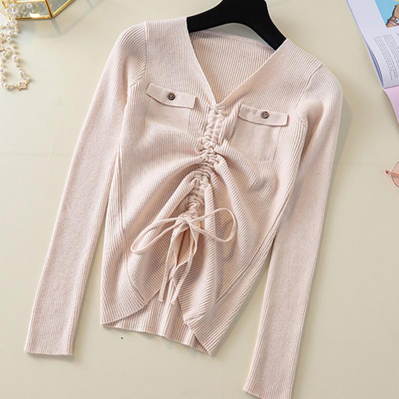 Áo sweater nữ tay dài cổ chữ V màu trơn thời trang