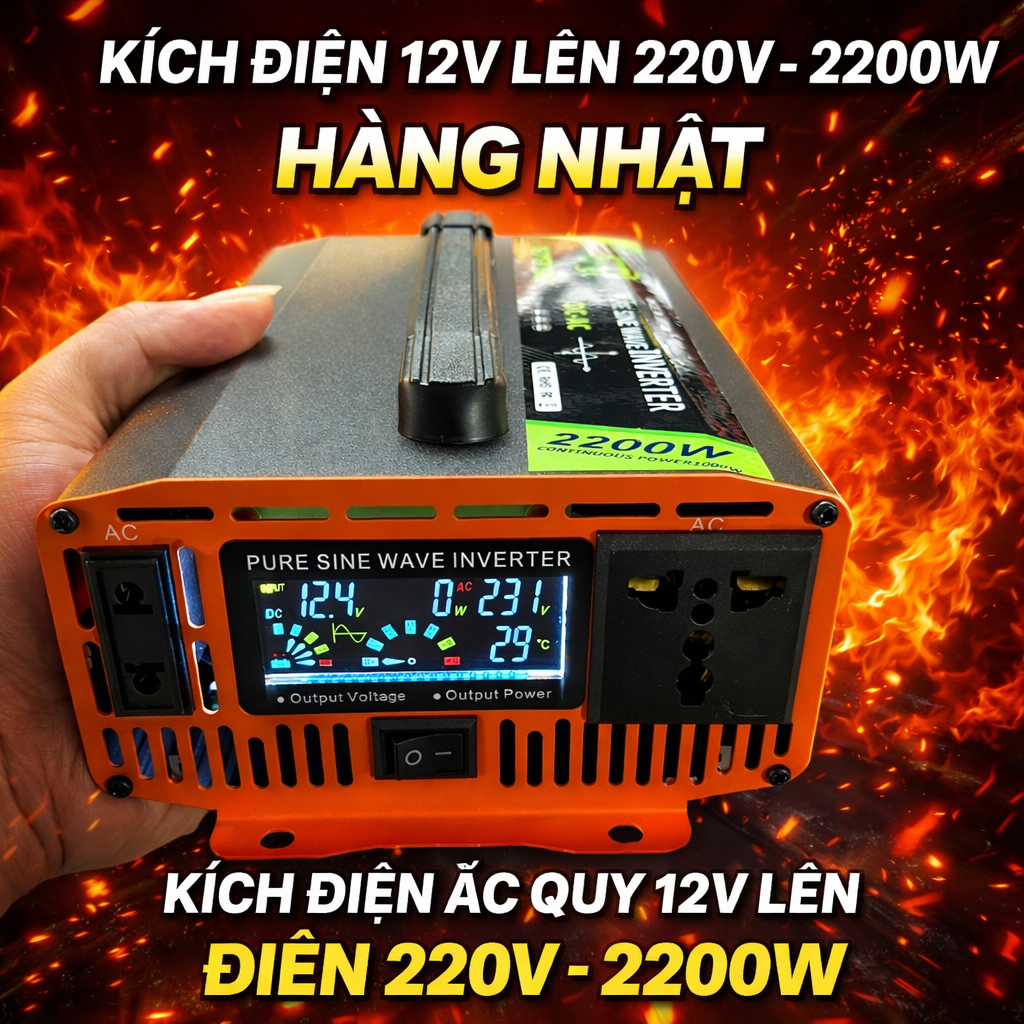 Kích Điện 12V Lên 220V 2200W Hàng Nhật – Sóng Sin Chuẩn, Màn Hình LED Hiển Thị Vôn &amp; Nhiệt Độ