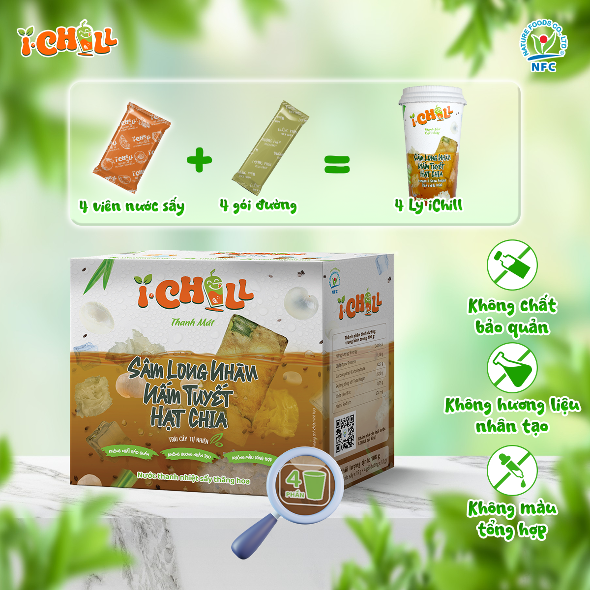 iChill Sâm Long Nhãn Nấm Tuyết Hạt Chia Nước Thanh Nhiệt Sấy Thăng Hoa Từ Trái Cây Tự Nhiên 4 Gói X Hộp, Không Chất Bảo Quản, ISO 22000, HACCP, BRC