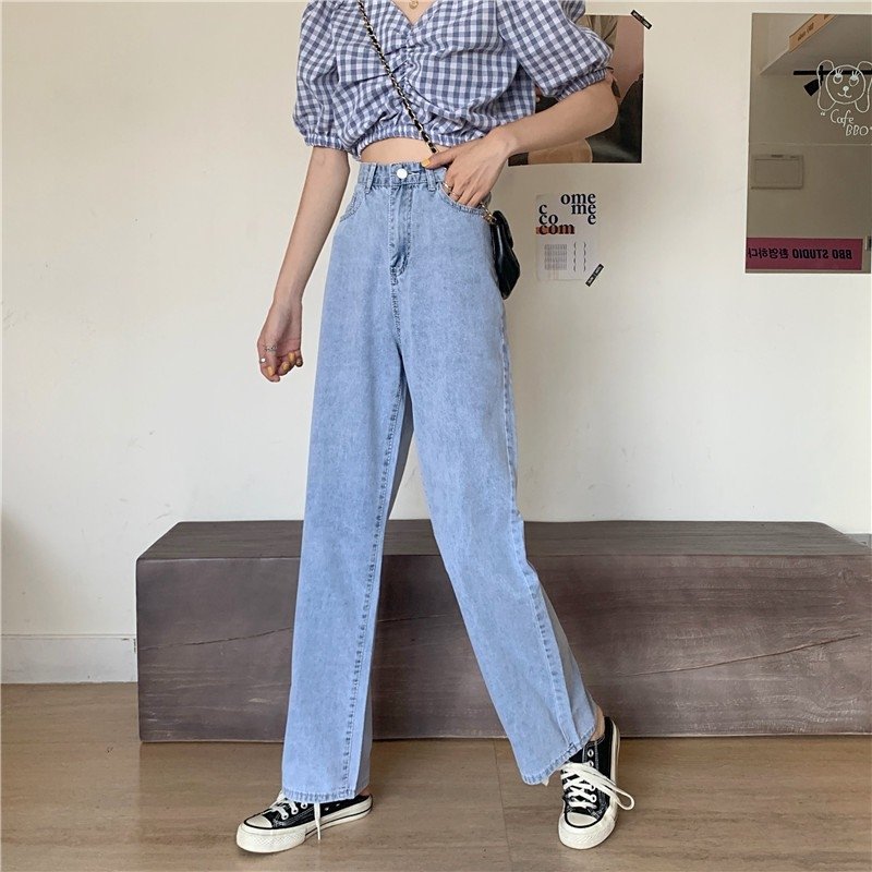 Quần jean quan baggy dáng suông ống rộng nữ