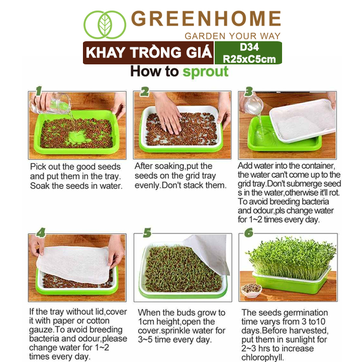 Bộ khay trồng giá, rau mầm, Greenhome, D34xR25xC5cm, nhựa nguyên sinh, an toàn, dễ trồng tại nhà, nhiều màu lựa chọn