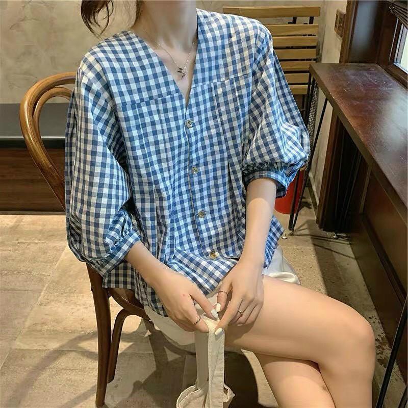 Sét Áo Peplum Caro Xanh Và Quần Short Trắng Áo Kẻ Caro Tay Lỡ Bồng Cổ Chữ V LANI SHOP