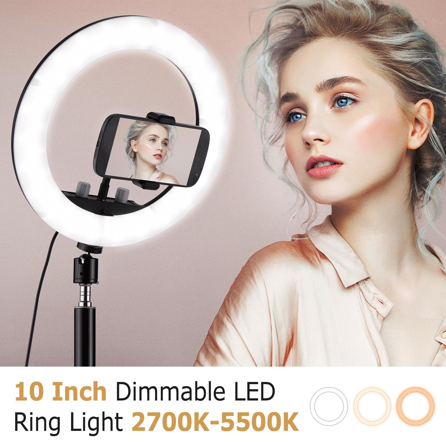 
Đèn chụp ảnh 10 inch LED Ring Light 2700K-5500K Có thể thay đổi độ sáng 10W 5V USB được hỗ trợ với giá đỡ điện thoại có chân đế để bàn