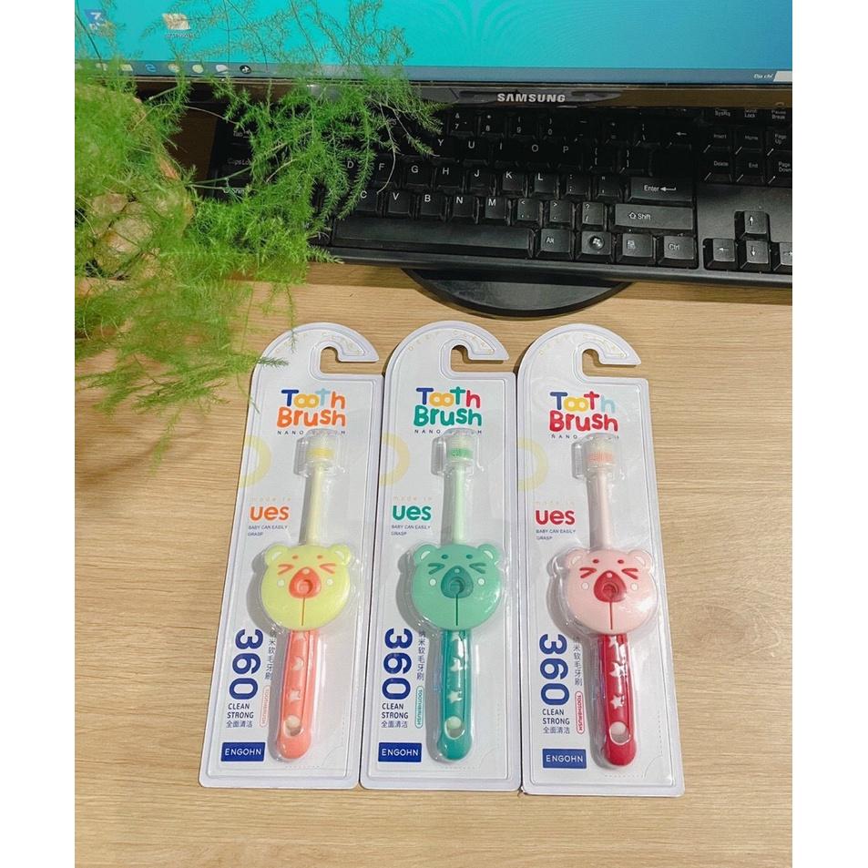 Bàn chải đánh răng siêu mềm cho bé xoay 360, Bàn chải cầm tay cho trẻ từ 1 tuổi có vách ngăn an toàn