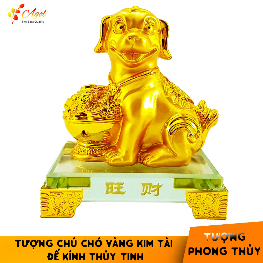 Tượng chú chó vàng đế kính thủy tinh cao cấp - Tượng Linh Khuyển Phú Quý