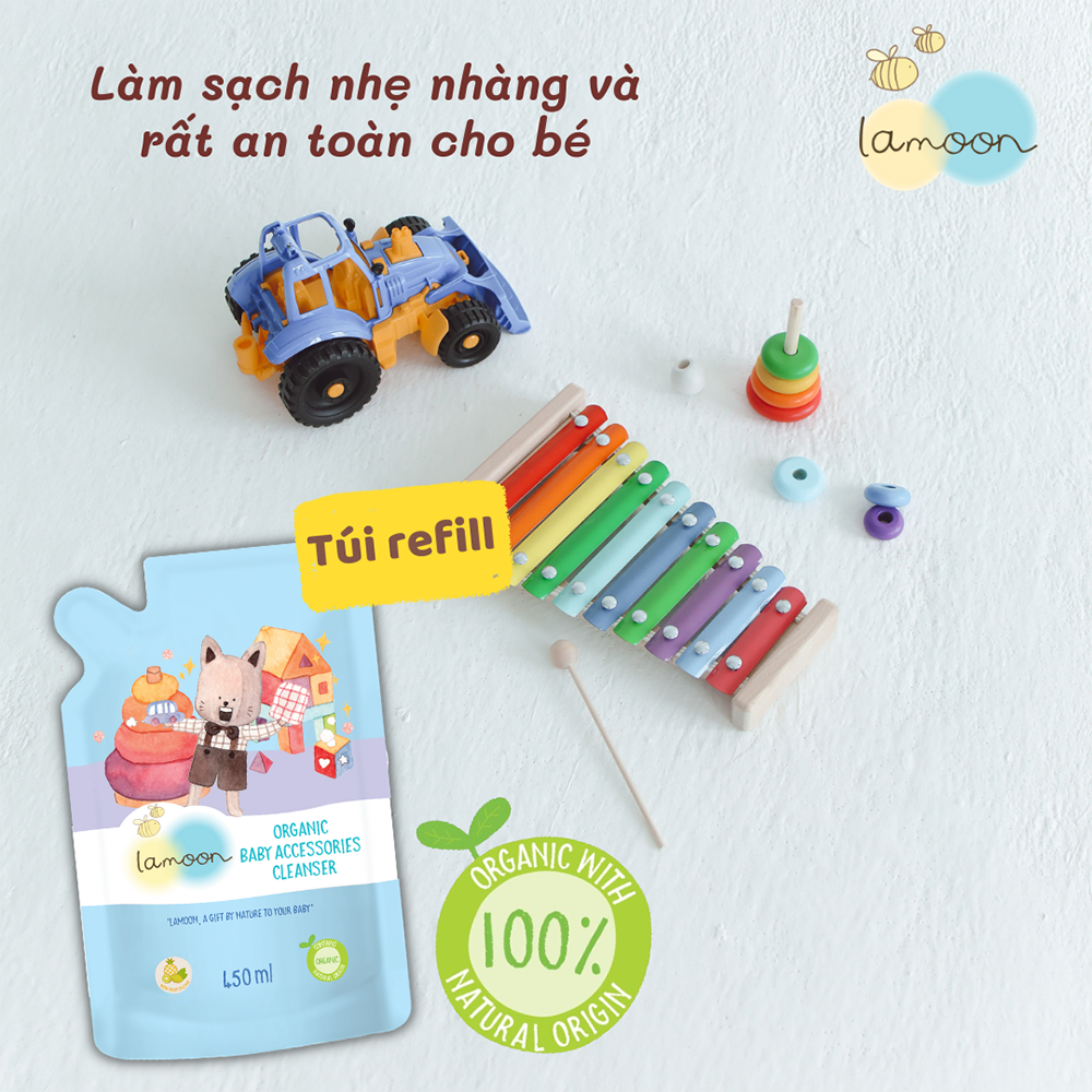 Nước rửa đồ chơi Organic an toàn cho bé Lamoon - Túi 450ml Refill