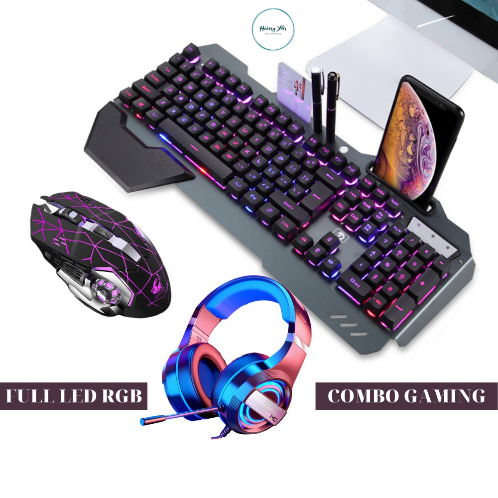 COMBO Gaming Bàn phím và chuột kèm tai nghe chụp tai headphone super bass, phím LED 10 chế độ